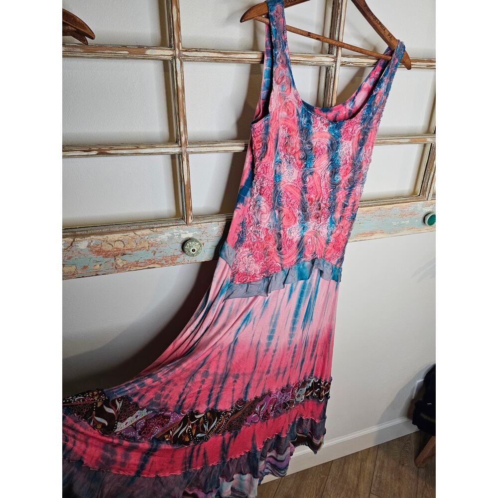 Boho Tie Dye Sleeveless Midi Dress With Layers of Detail Ladies size Medium - Picture 3 of 8